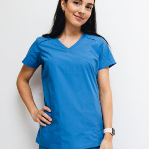 Women scrub set blue Y-neck