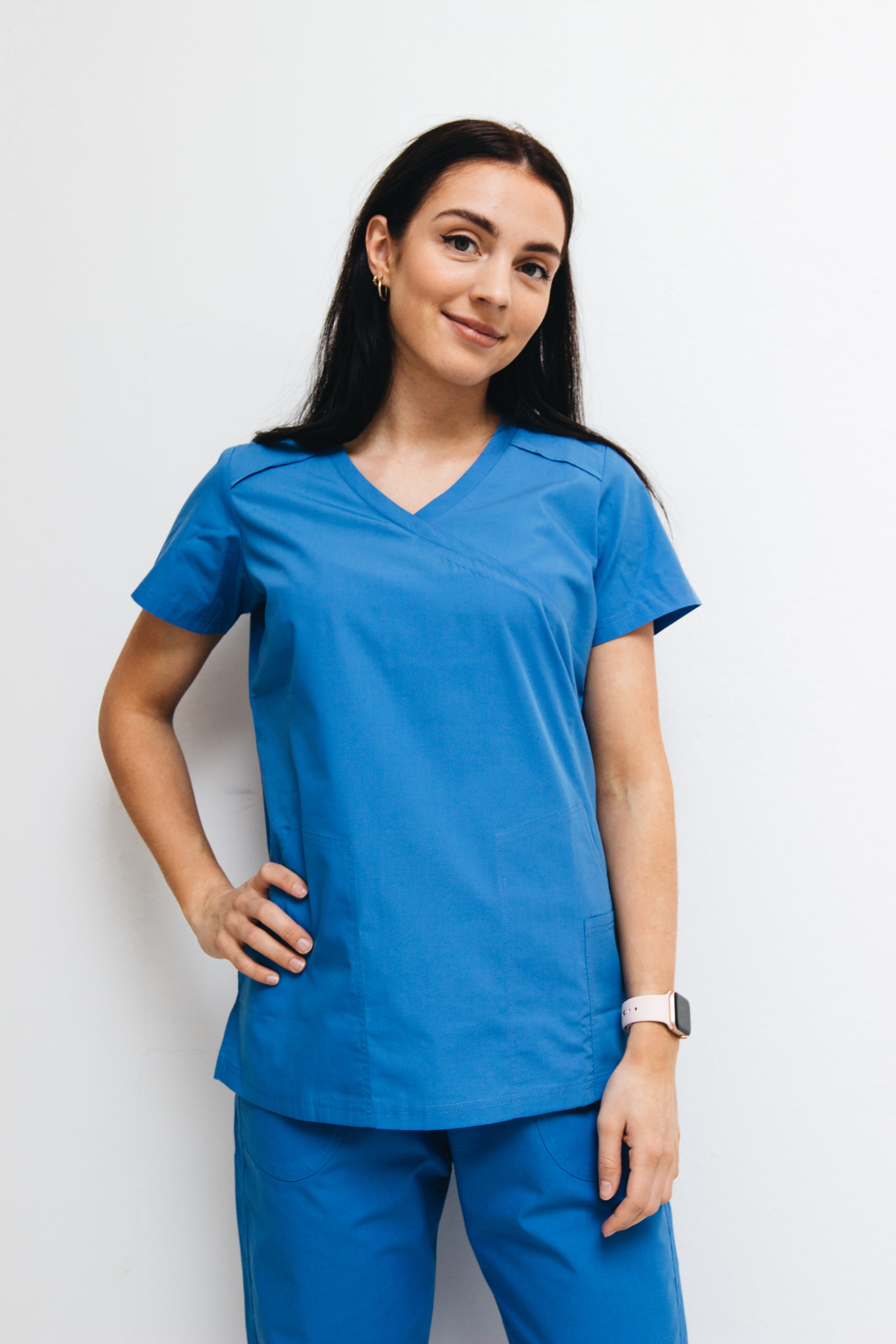 Women scrub set blue Y-neck