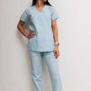 Women scrub set skyblue Y-neck