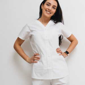 Women front button white scrub top