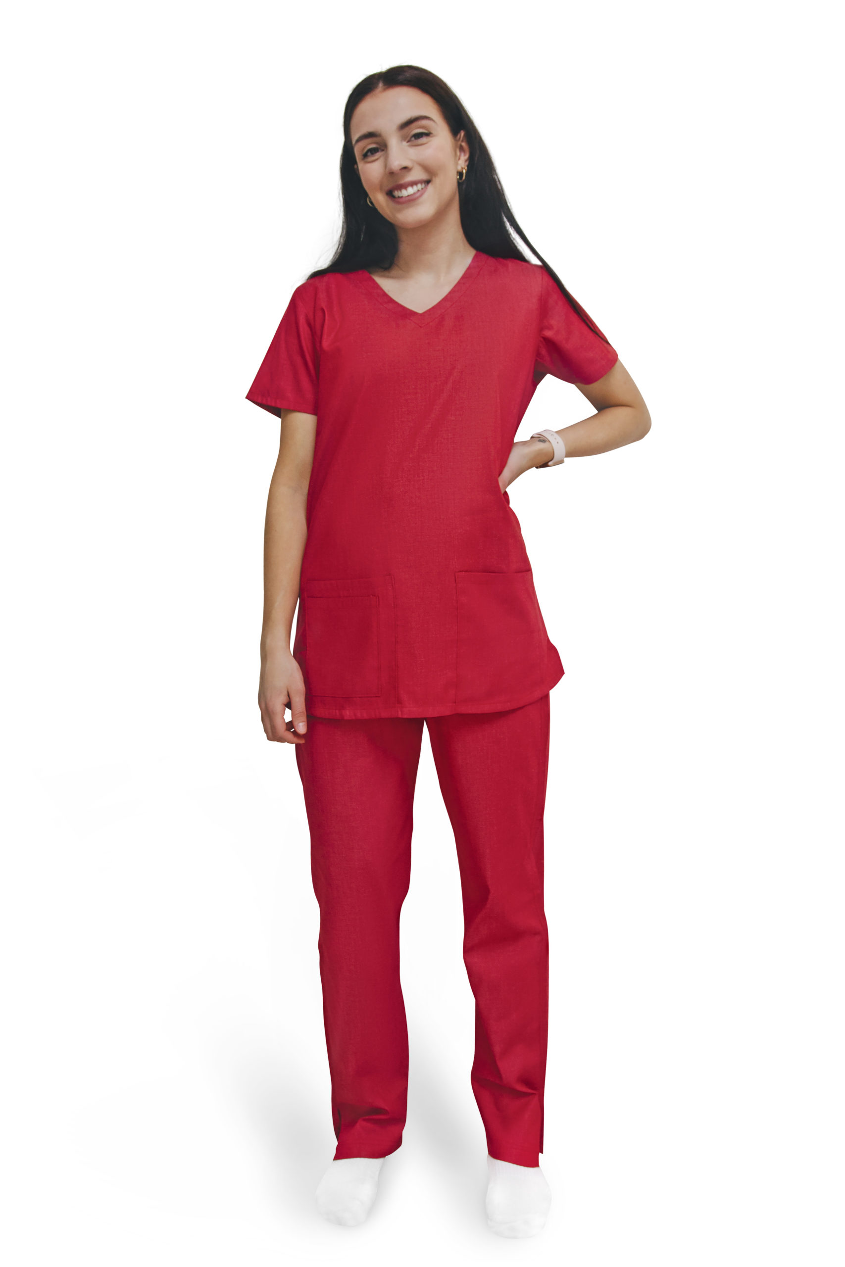Women scrub set red v-neck